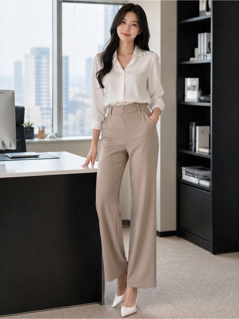Stretchy High-Waist Straight-Leg Trousers